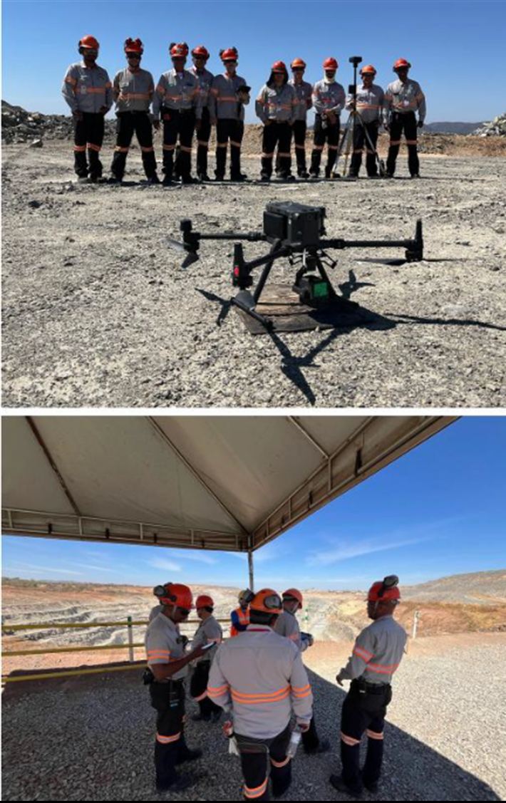 Equipe da mineradora com drone em campo