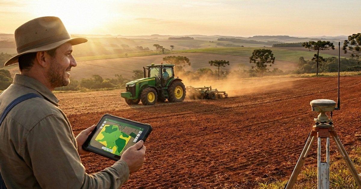 Produtor rural analisando mapa da lavoura em tablet